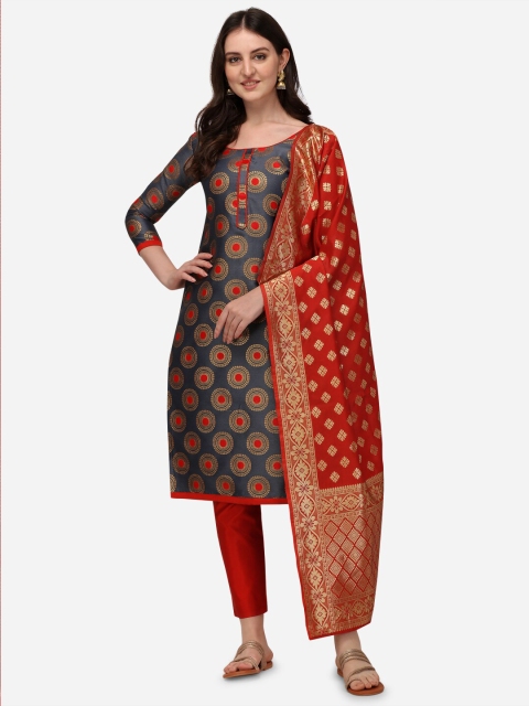 

SATYAM WEAVES Grey & Maroon Woven Design Unstitched Dress Material