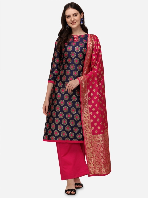SATYAM WEAVES Navy Blue & Pink Printed Unstitched Dress Material
