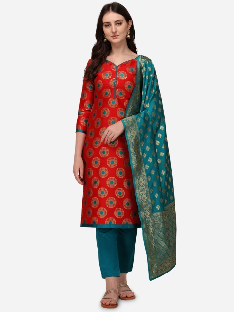 

SATYAM WEAVES Red & Blue Unstitched Dress Material