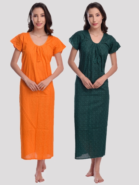 

CIERGE Women Cotton Orange & Green Maxi Nightdress Set Of 2