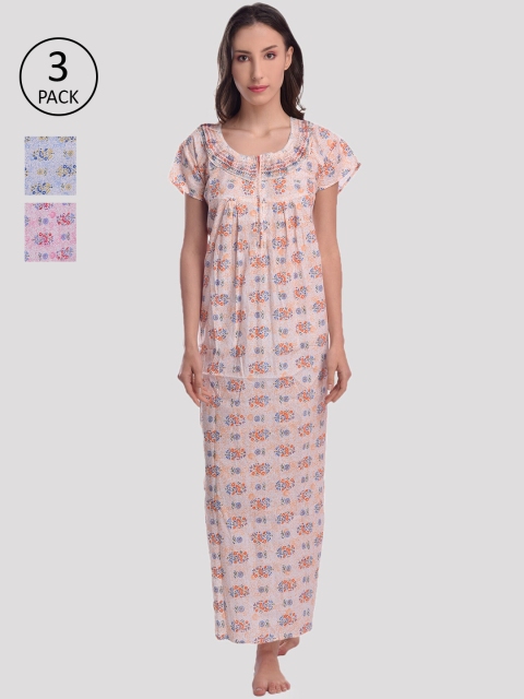 

CIERGE Pack of 3 Pink Blue and Orange Printed Maxi Nightdress