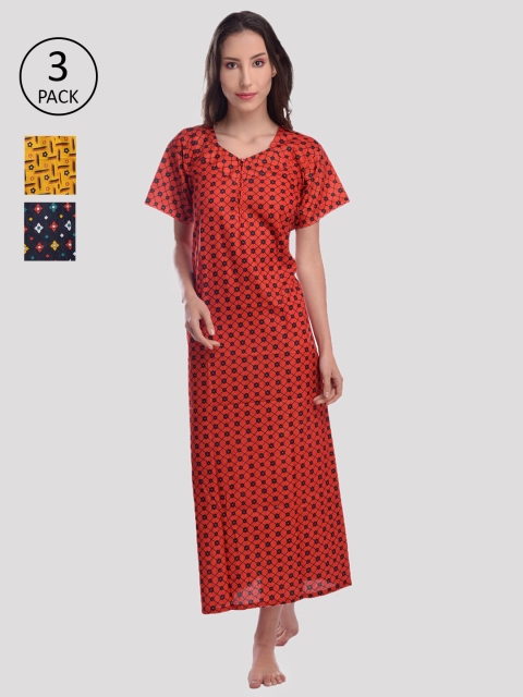 

CIERGE Pack of 3 Blue & Red Printed Maxi Nightdress