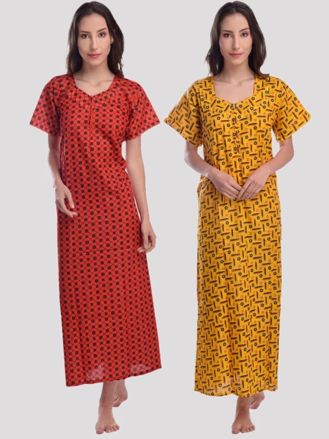 

CIERGE Red & Yellow Set of 2 Printed Maxi Nightdress
