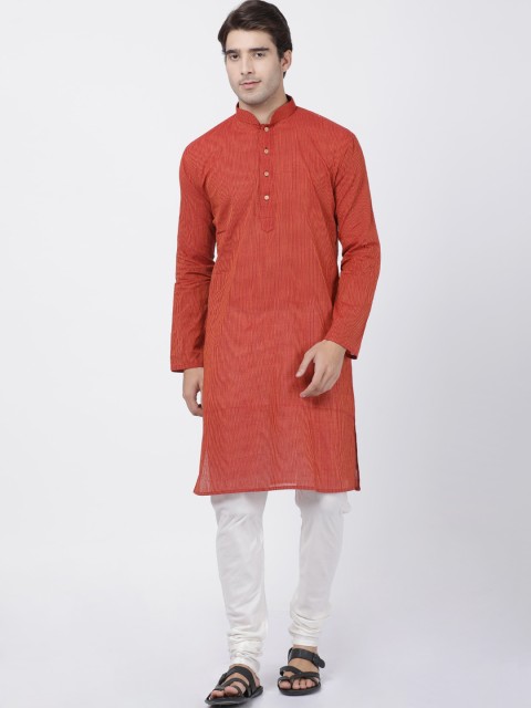 

VASTRAMAY Men Rust Striped Pure Cotton Kurta with Churidar