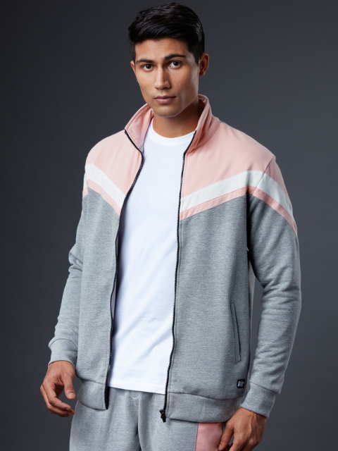

The Souled Store Men Grey & Pink Colourblocked Cotton Open Front Jacket