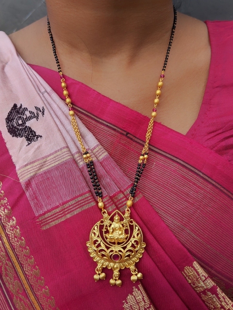 

Digital Dress Room Women Pink Gold-Plated White & Black Stone-Studded Beaded Mangalsutra Set