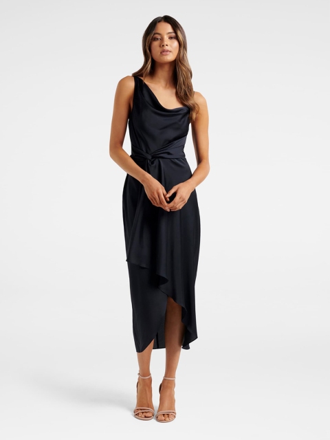 

Forever New Navy Blue Satin Sheath Midi Dress