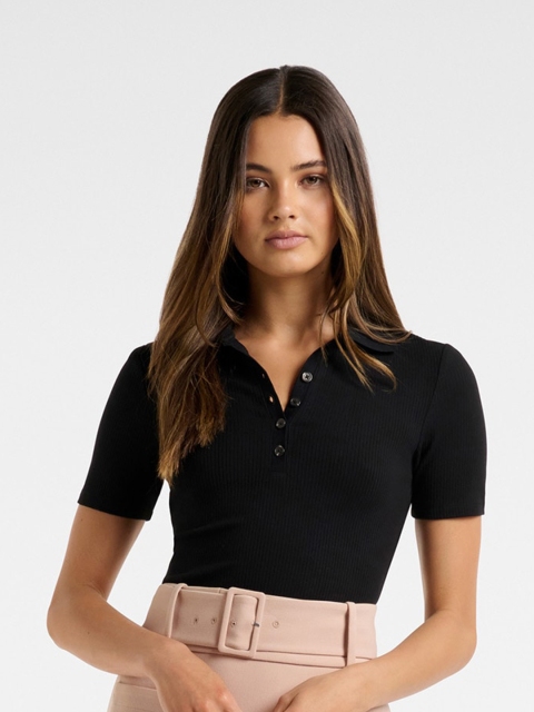 

Forever New Women Black Polo Collar Slim Fit T-shirt