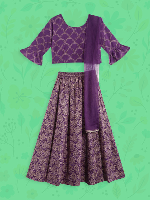 

House of Pataudi Girls Purple Printed Ready to Wear Lehenga &