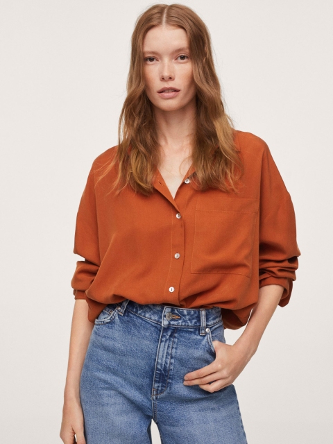 

MANGO Women Rust Orange Solid Casual Shirt