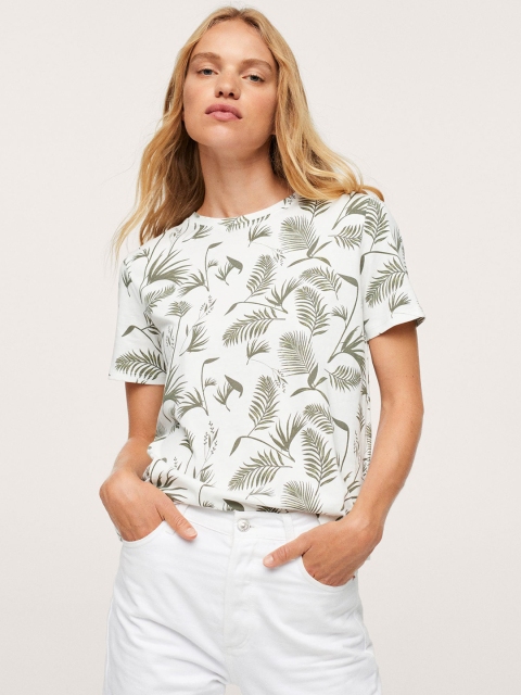 

MANGO Women White & Olive Green Floral Printed Cotton T-shirt