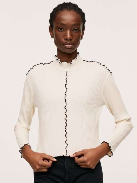 

MANGO White Solid Ribbed Top