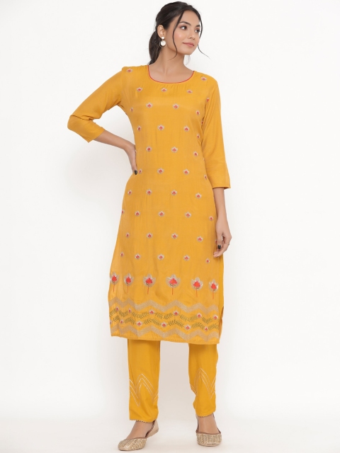 

DIVYANK Women Yellow Ethnic Motifs Embroidered Kurta with Trousers