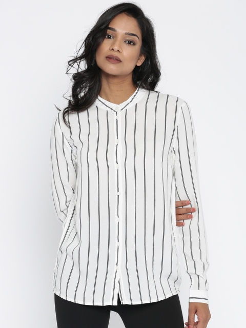 

ONLY Women White & Black Regular Fit Striped Casual Shirt