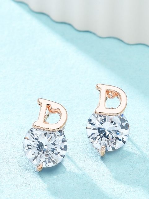 

AMI Rose Gold-Toned Cubic Zirconia Studded Contemporary D Alphabet Drop Earrings