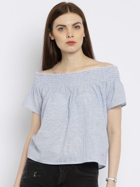 

ONLY Women Blue Striped Off-Shoulder Top