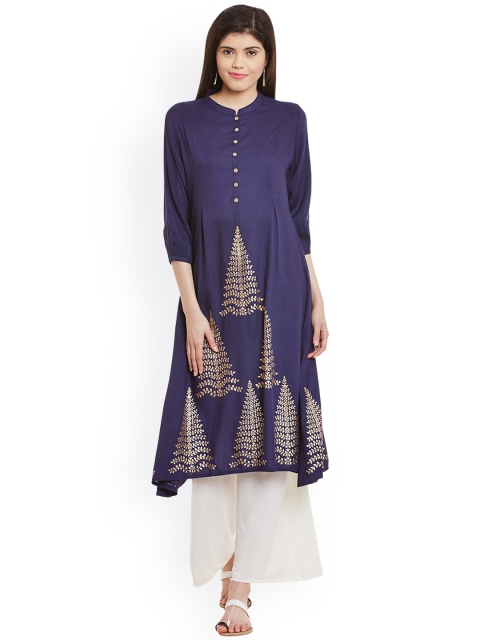

Bitterlime Women Navy Block Printed Straight Kurta, Navy blue