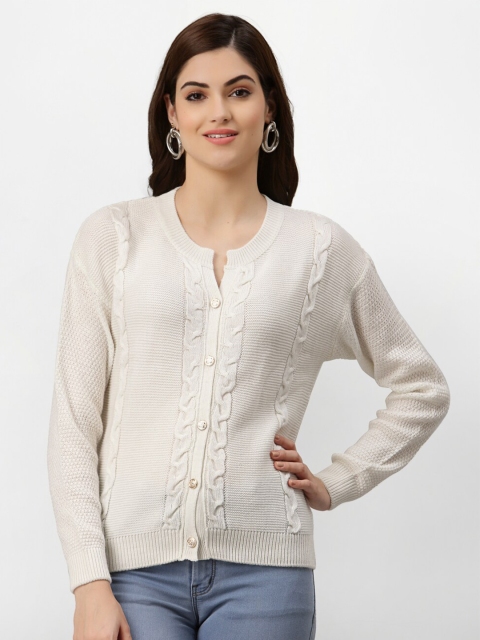 

Miramor Women White Self Design Cable Knit Cardigan Sweater