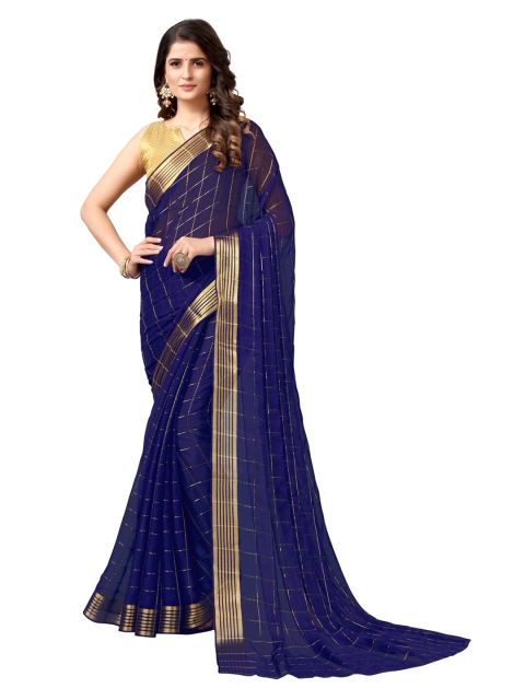 

KALINI Navy Blue & Gold-Toned Checked Zari Saree