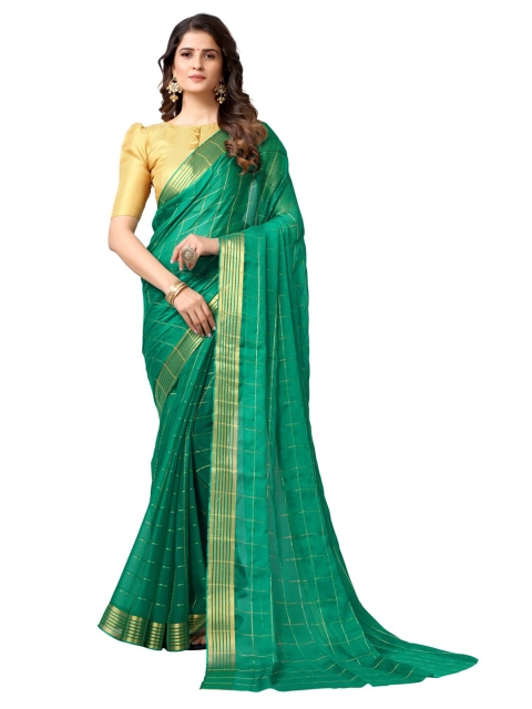 

KALINI Green & Gold-Toned Checked Zari Saree