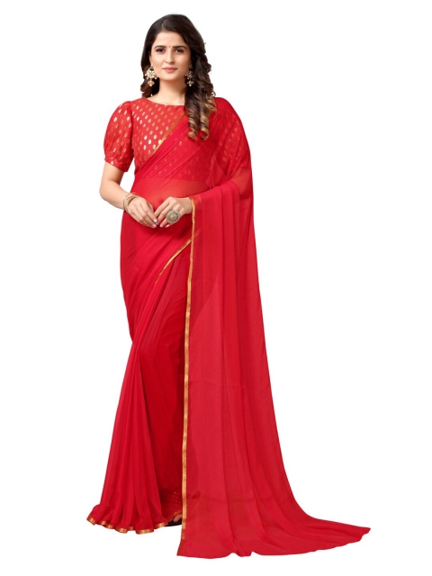 

KALINI Red & Gold-Toned Solid Zari Border Saree