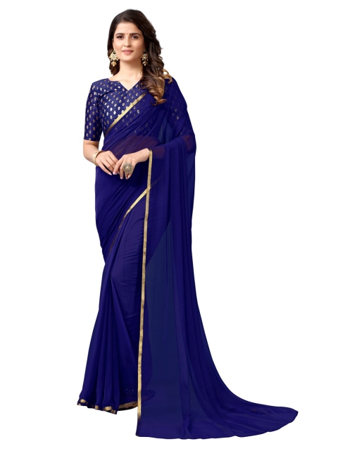 

KALINI Navy Blue & Gold-Toned Solid Zari Border Saree