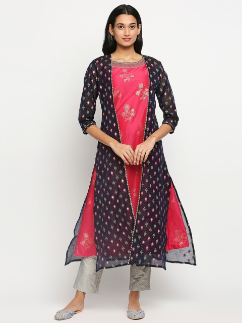 

Ethnicity Women Pink & Navy Blue Floral Printed Gotta Patti Kurta