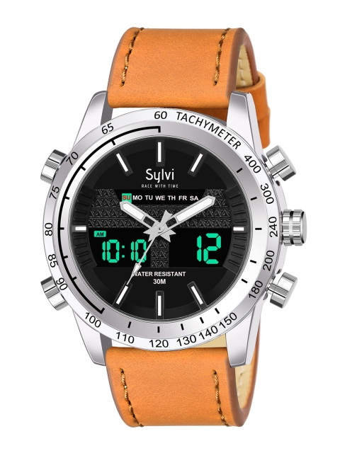

Sylvi Men Black Dial & Brown Leather Straps Analogue And Digital Watch
