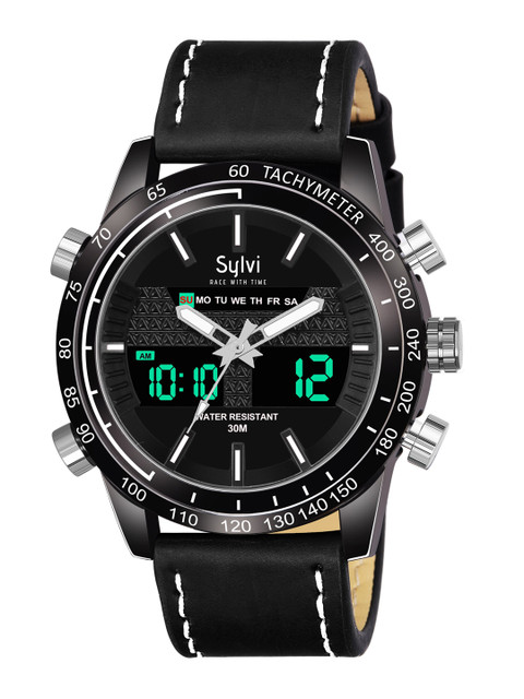 

Sylvi Men Black Dial & Black Leather Straps Analogue And Digital Watch