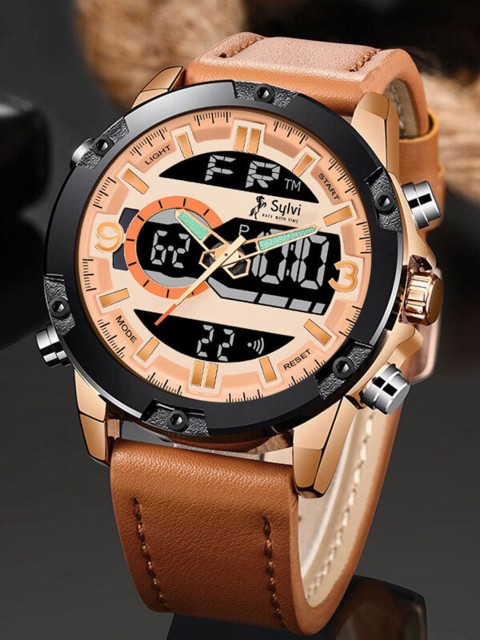 

Sylvi Men Rose Gold-Toned Patterned Dial & Straps Analogue and Digital Watch SF70AD009143, Brown