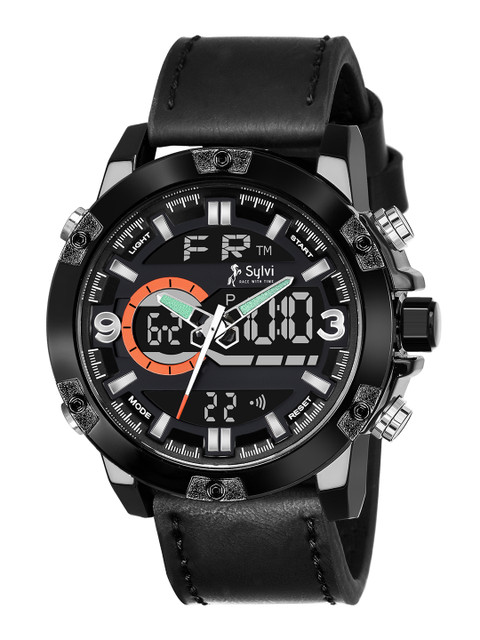 

Sylvi Men Black Dial & Black Leather Straps Analogue and Digital Watch
