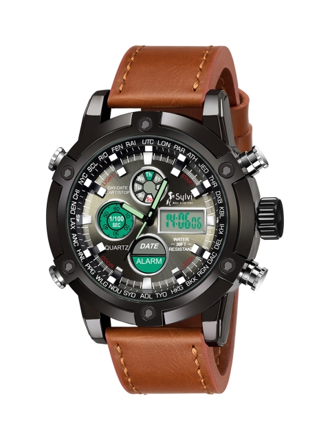

Sylvi Men Black Dial & Brown Leather Textured Straps Analogue and Digital Wrist Watch