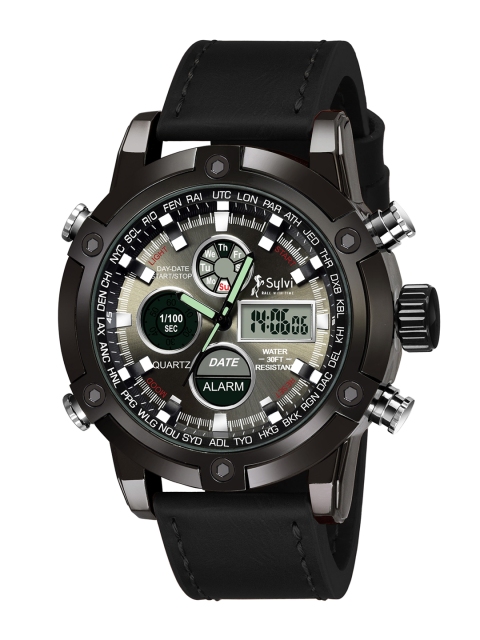 

Sylvi Men Black Dial & Black Leather Straps Analogue And Digital Watch