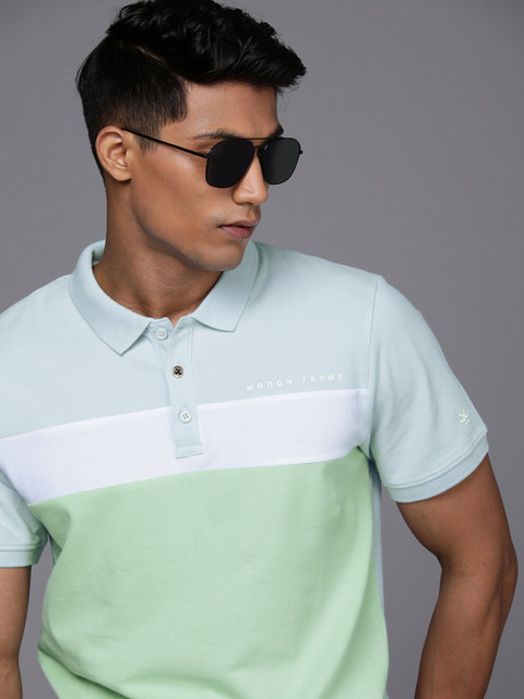 

WROGN Men Blue & Sea Green Colourblocked Polo Collar Pure Cotton Slim Fit T-shirt