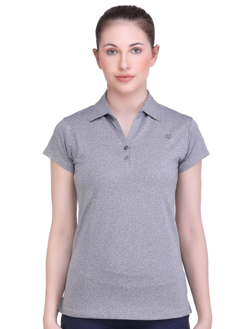 

LAASA SPORTS Women Grey Polo Collar Dry-Fit Training or Gym T-shirt