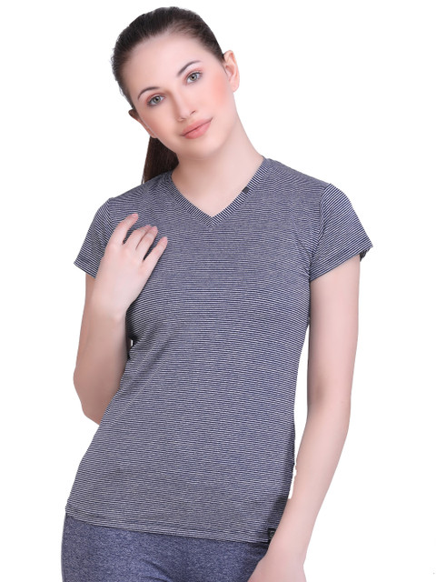 

LAASA SPORTS Women Blue & White Striped V-Neck Training or Gym T-shirt