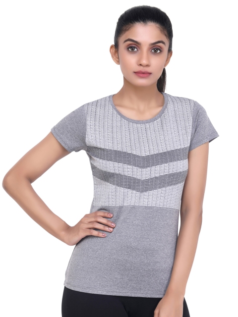 

LAASA SPORTS Women Grey Striped Training or Gym T-shirt