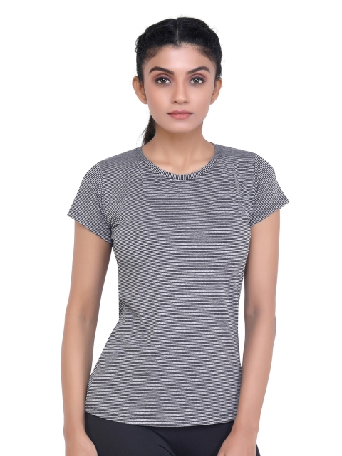 

LAASA SPORTS Women Grey Striped Dry Fit Training or Gym T-shirt