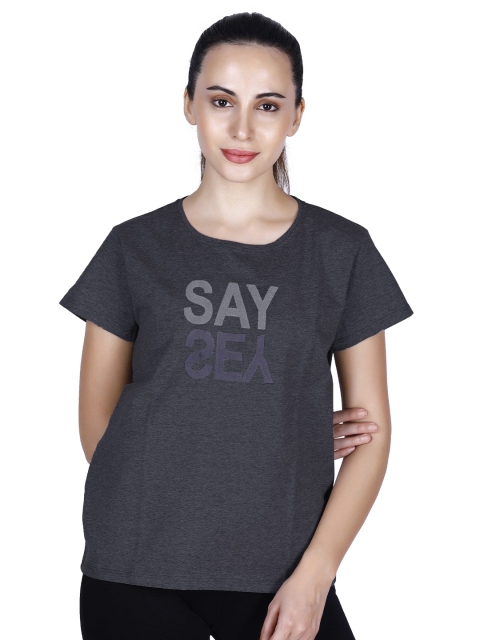 

LAASA SPORTS Women Black Typography Printed Training or Gym Cotton T-shirt