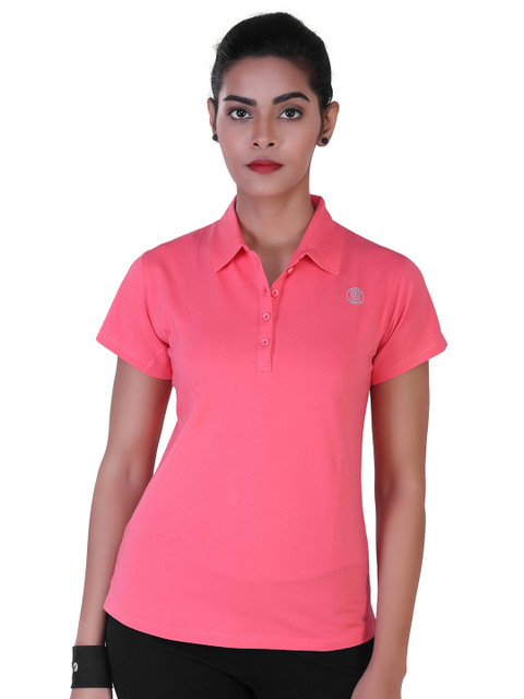 

LAASA SPORTS Women Pink Solid Polo Collar Dry-Fit Training or Gym T-shirt