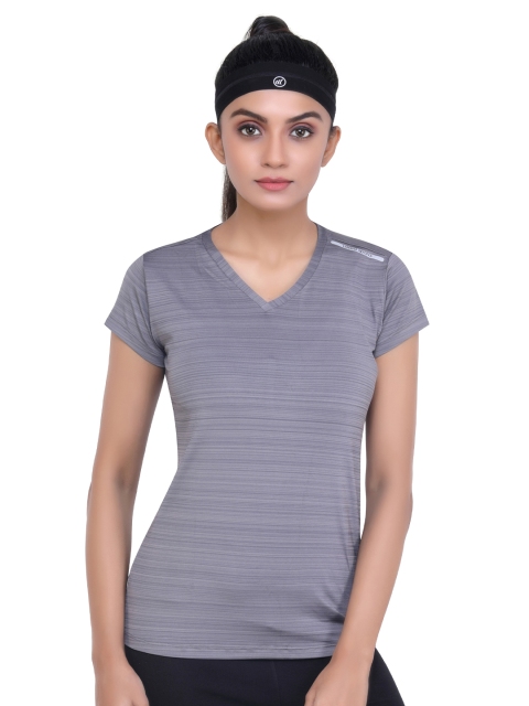 

LAASA SPORTS Women Grey Striped V-Neck Training or Gym T-shirt