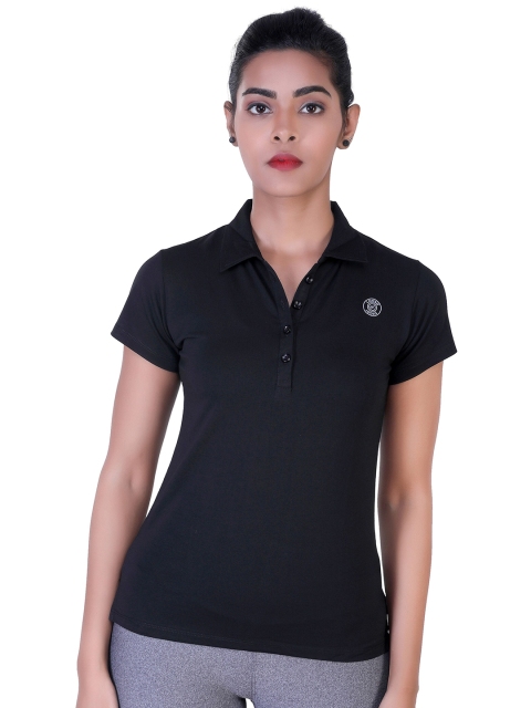 

LAASA SPORTS Women Black Polo Collar Dry Fit Training or Gym T-shirt