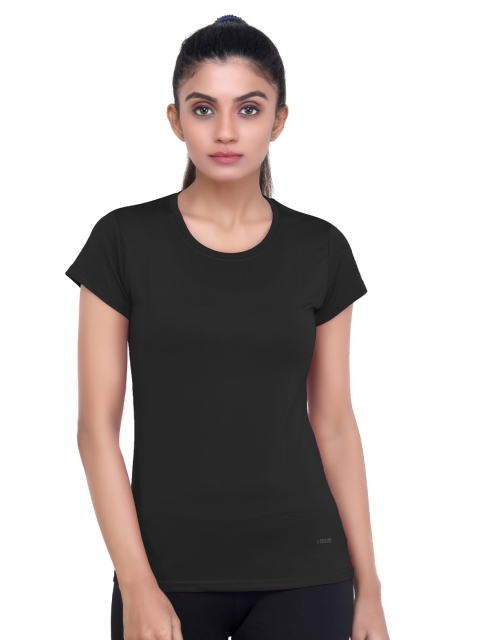 

LAASA SPORTS Women Black Solid Regular Fit Training or Gym T-shirt