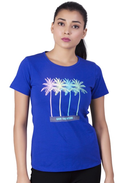 

LAASA SPORTS Women Blue Tropical Printed Cotton T-shirt