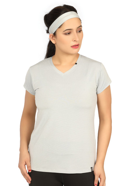 

LAASA SPORTS Women Grey Striped V-Neck Dry Fit Training or Gym T-shirt