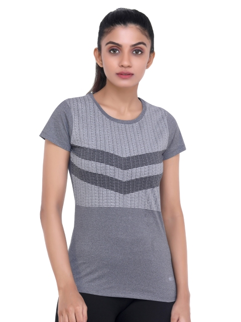 

LAASA SPORTS Women Grey Striped Extended Sleeves Running T-shirt