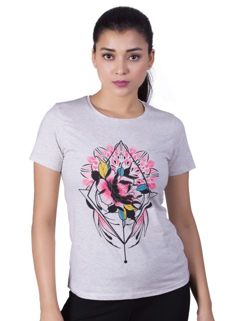 

LAASA SPORTS Women Grey Printed Slim Fit Training or Gym T-shirt