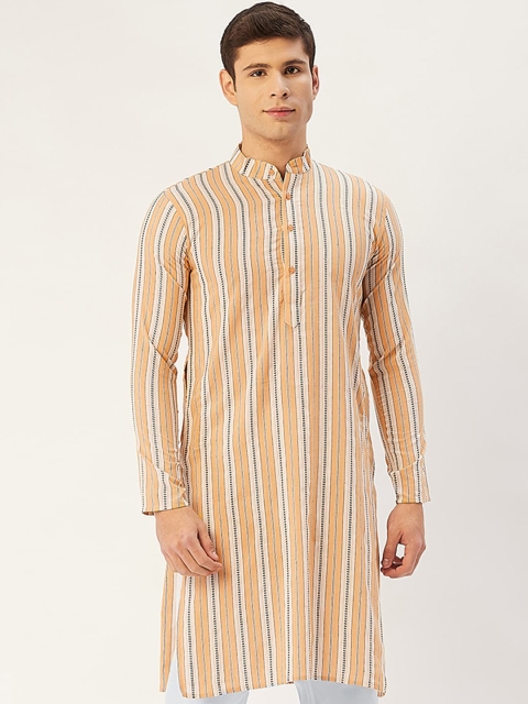 

Jompers Men Yellow Striped Flared Sleeves Thread Work Pathani Kurta