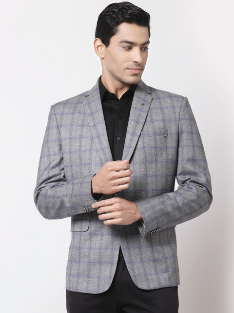 

MAXENCE Men Grey & Blue Checked Single-Breasted Formal Blazer