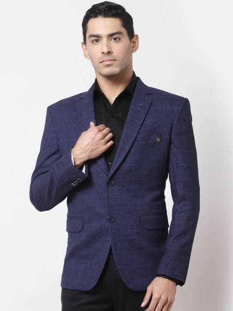 

MAXENCE Men Blue Checked Single-Breasted Regular Fit Blazer